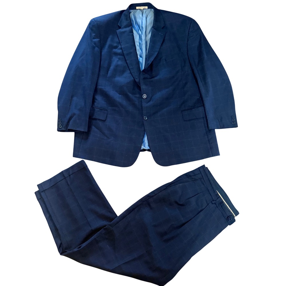 Giorgio Cosani Mens Navy Wool Cashmere Suit Blazer 52R Pants 46x31 Windowpane